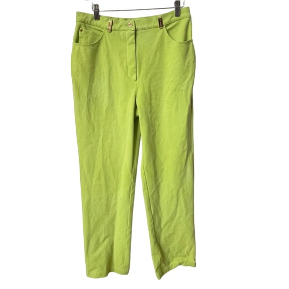 St. John Lime Green Stretchy Denim Pants Gold Logo Detail Women's SZ. 10, preppy - Picture 1 of 16